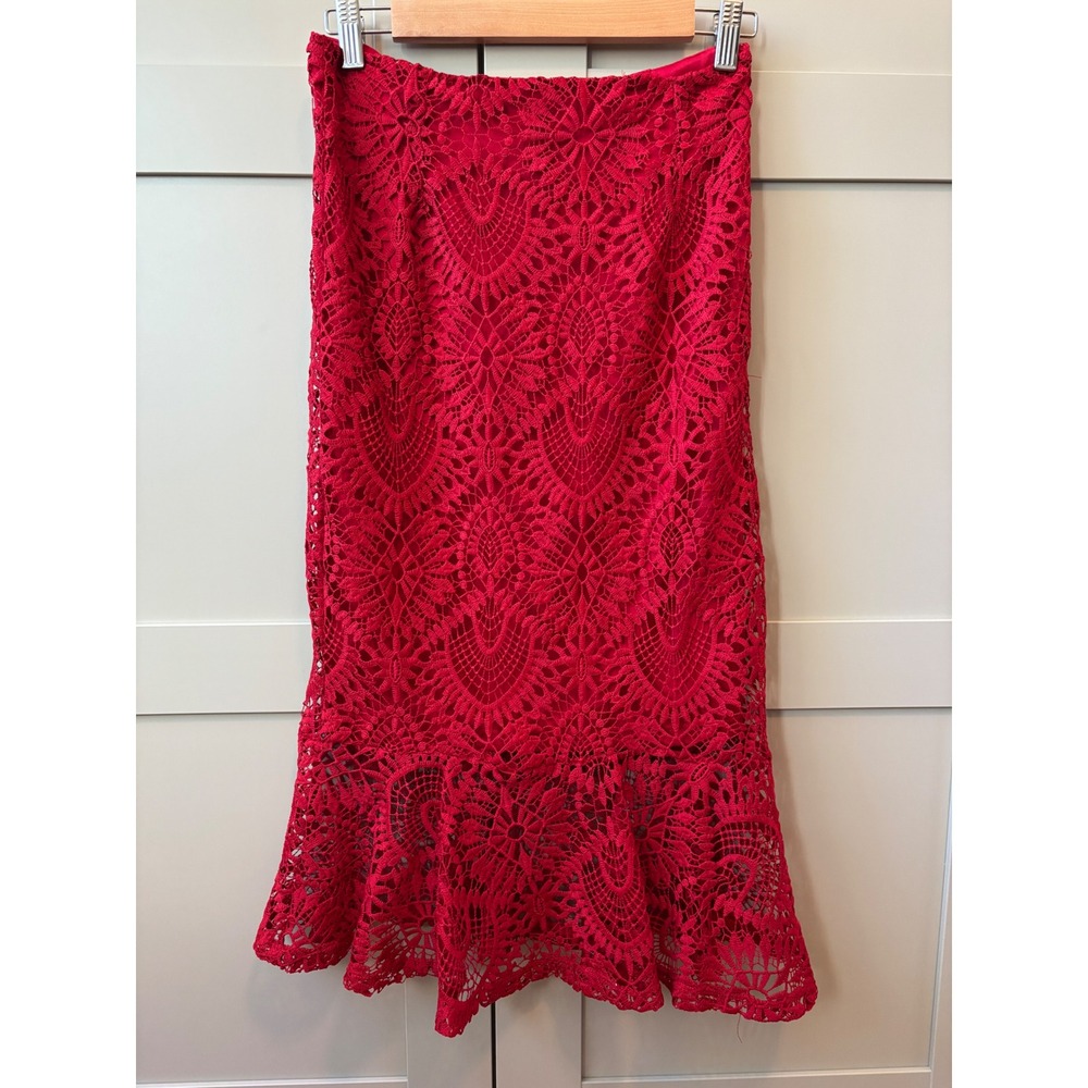 Red Lace Crochet Cottagecore Midi Skirt High Waisted Mermaid Flounce Small